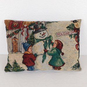 Christmas Tapestry Throw Pillow Snowman Kids Holiday Dr. Sled 15.5x11.5 Burgundy